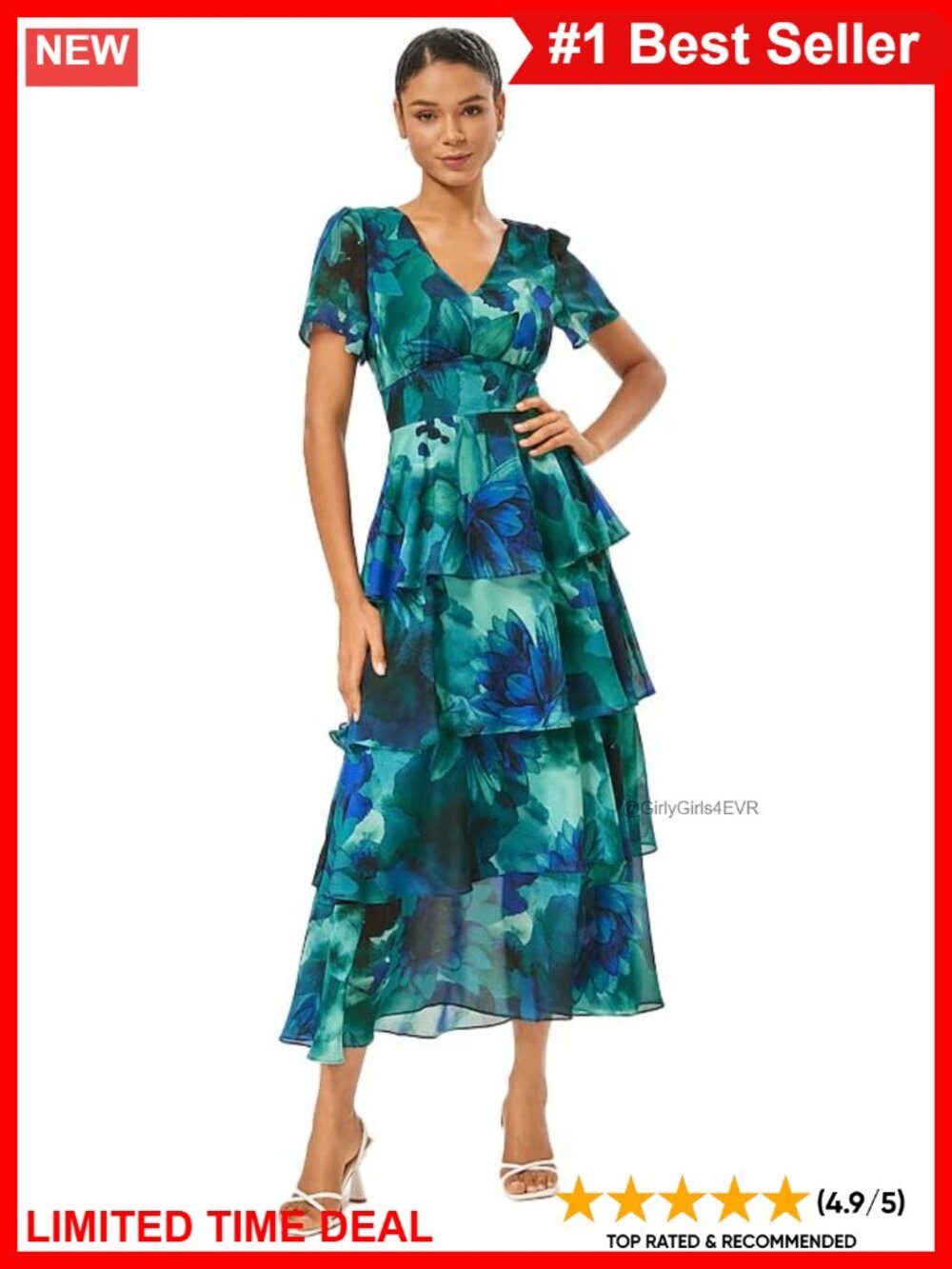 Women's Floral Chiffon Maxi Dress Ruffle Tiered A Line Short Sleeve V Neck